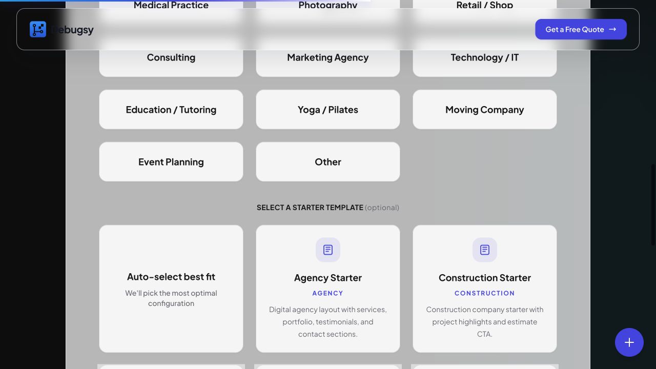 Real Debugsy site wizard showing starter template cards