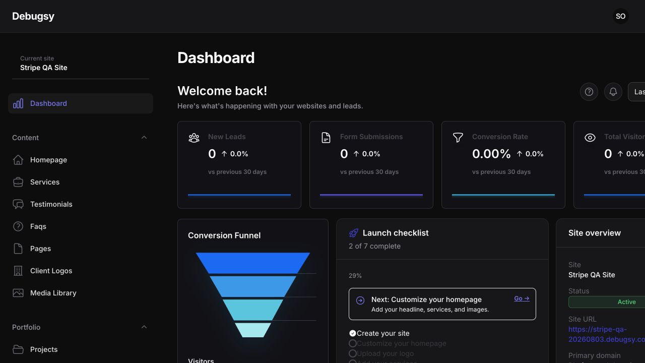 Real Debugsy dashboard showing a site overview, launch checklist, analytics, and quick actions