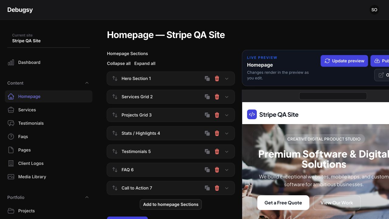 Real Debugsy homepage editor with reorderable sections and live preview