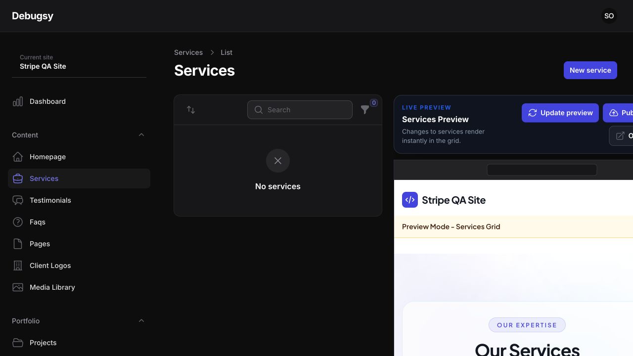Real Debugsy Services page with a New service button and preview panel