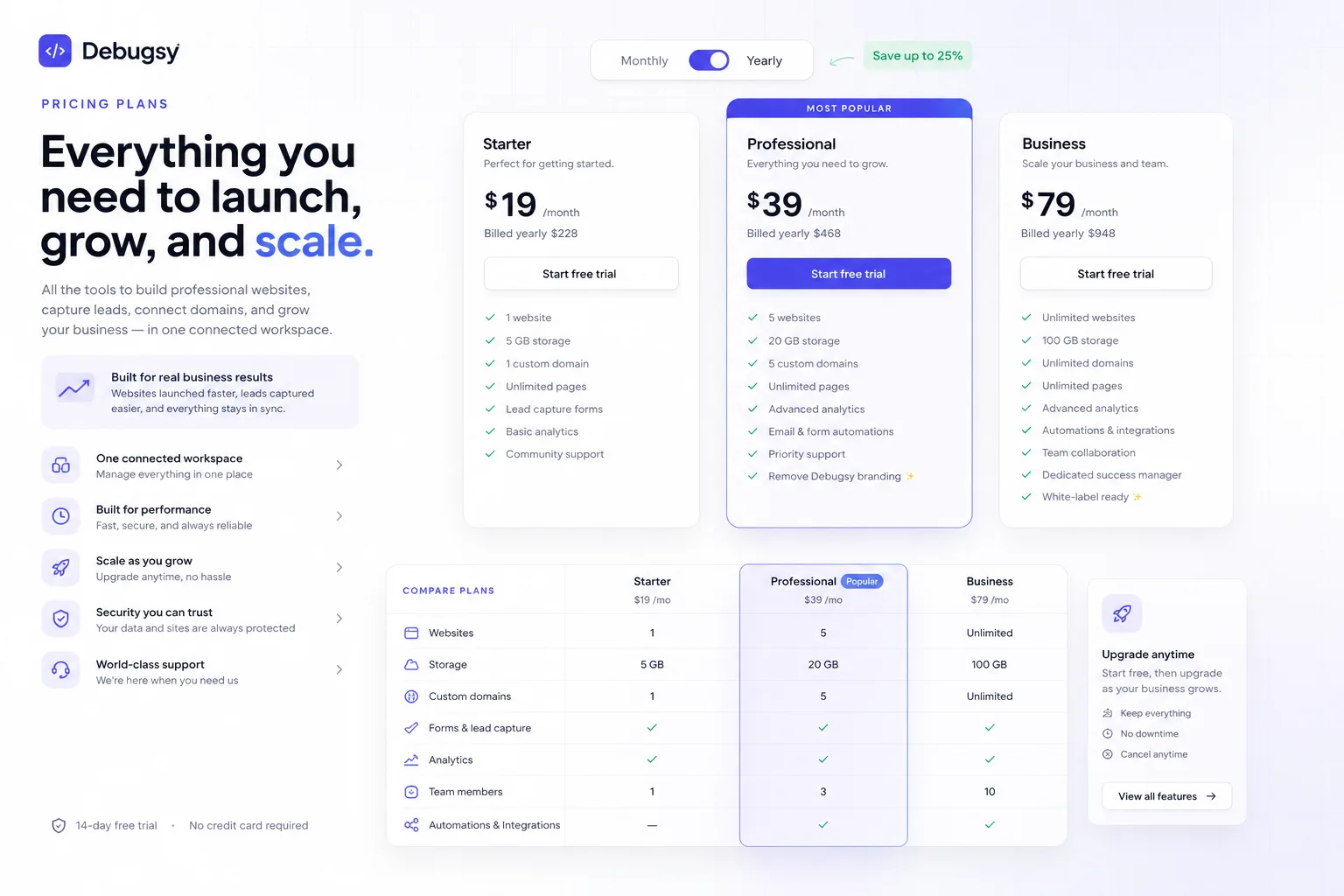 Debugsy pricing plans and billing dashboard