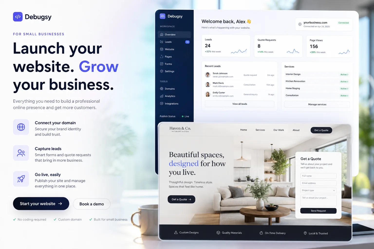 Small business website and Debugsy dashboard