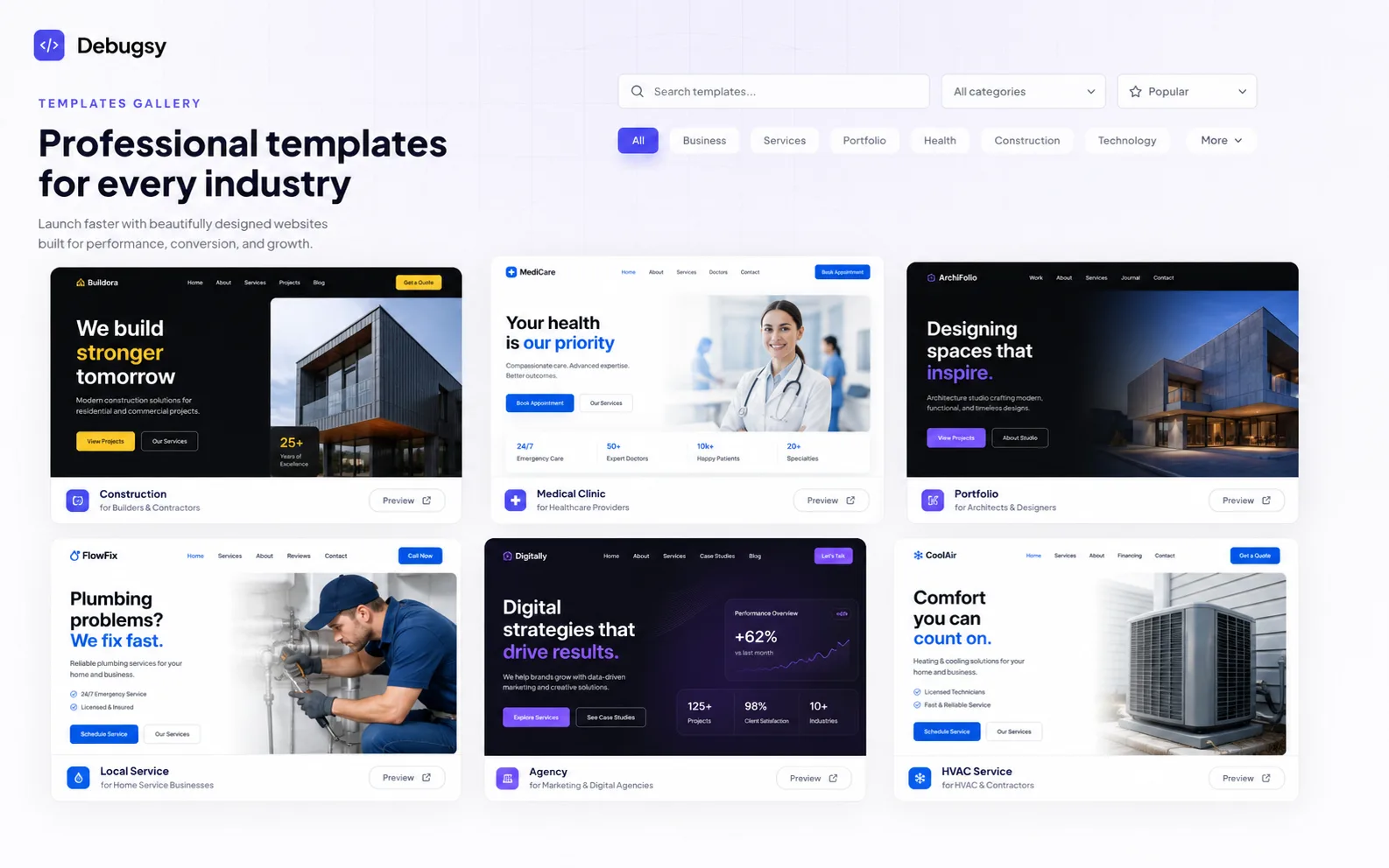 Debugsy template gallery interface